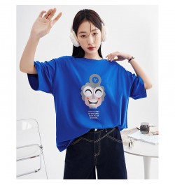 Women T-shirt 2023 Spring Short Sleeve O Neck Loose Tees Smile Face Print Black Pink Blue Pure Cotton Casual Chic Tops $30.17...