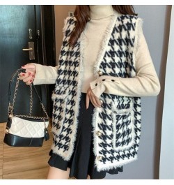 Spring Fall Women Gilets Sleeveless Jacket Korean Outwear Waistcoat Faux Imitation Mink Fleece Vintage Black White Plaid Vest...