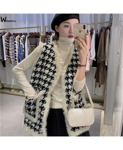 Spring Fall Women Gilets Sleeveless Jacket Korean Outwear Waistcoat Faux Imitation Mink Fleece Vintage Black White Plaid Vest...