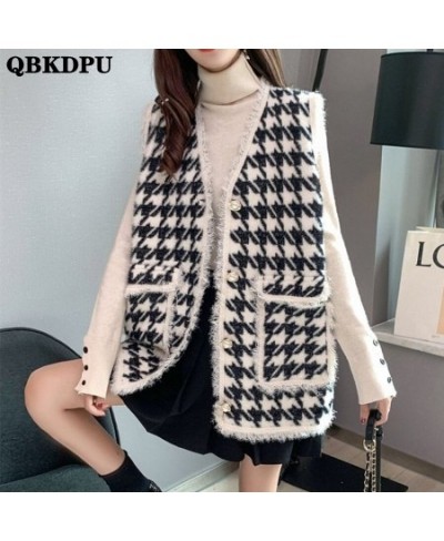 Spring Fall Women Gilets Sleeveless Jacket Korean Outwear Waistcoat Faux Imitation Mink Fleece Vintage Black White Plaid Vest...