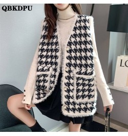 Spring Fall Women Gilets Sleeveless Jacket Korean Outwear Waistcoat Faux Imitation Mink Fleece Vintage Black White Plaid Vest...