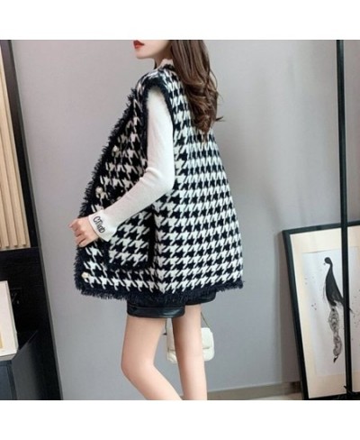 Spring Fall Women Gilets Sleeveless Jacket Korean Outwear Waistcoat Faux Imitation Mink Fleece Vintage Black White Plaid Vest...