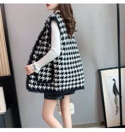 Spring Fall Women Gilets Sleeveless Jacket Korean Outwear Waistcoat Faux Imitation Mink Fleece Vintage Black White Plaid Vest...