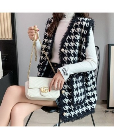 Spring Fall Women Gilets Sleeveless Jacket Korean Outwear Waistcoat Faux Imitation Mink Fleece Vintage Black White Plaid Vest...