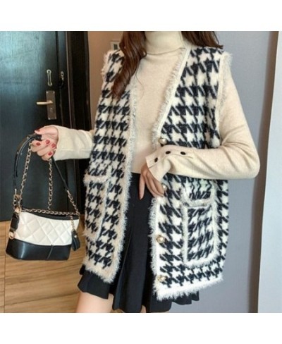 Spring Fall Women Gilets Sleeveless Jacket Korean Outwear Waistcoat Faux Imitation Mink Fleece Vintage Black White Plaid Vest...