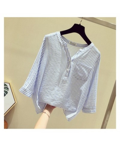 Striped Shirt Female Summer Chiffon Loose V Collar Blouse Clothes Three Quarter Sleeved Casual Fashion Girl Top Shirts H9006 ...