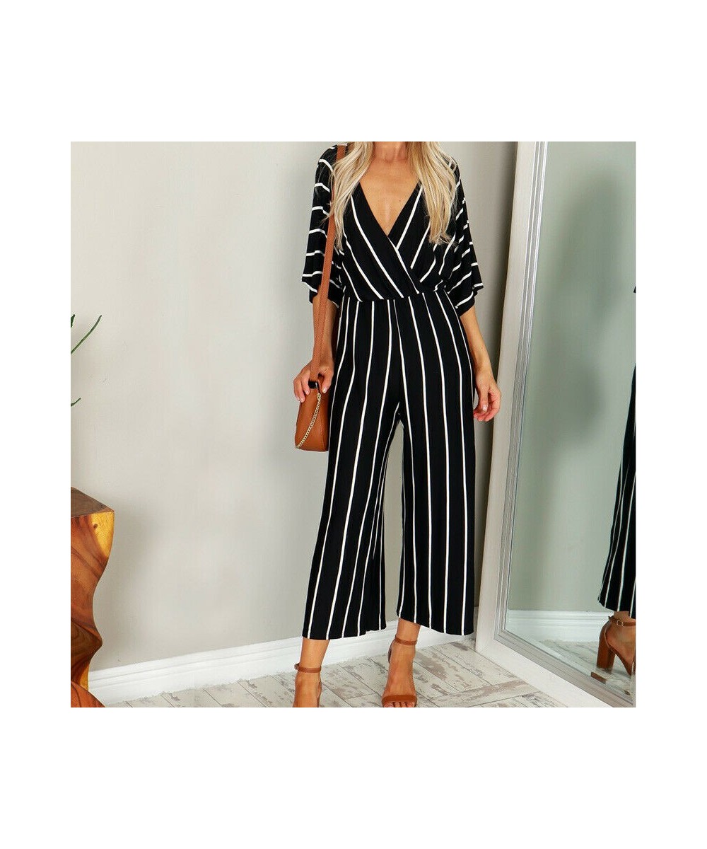 Striped Jumpsuit Women V Neck Playsuit Summer Holiday Clubwear Romper Loose Baggy Wide Leg Pants Party Trousers $30.86 - Jump...