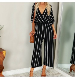 Striped Jumpsuit Women V Neck Playsuit Summer Holiday Clubwear Romper Loose Baggy Wide Leg Pants Party Trousers $30.86 - Jump...