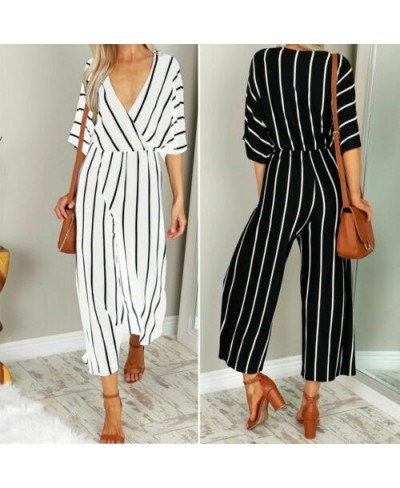 Striped Jumpsuit Women V Neck Playsuit Summer Holiday Clubwear Romper Loose Baggy Wide Leg Pants Party Trousers $30.86 - Jump...