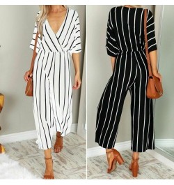 Striped Jumpsuit Women V Neck Playsuit Summer Holiday Clubwear Romper Loose Baggy Wide Leg Pants Party Trousers $30.86 - Jump...