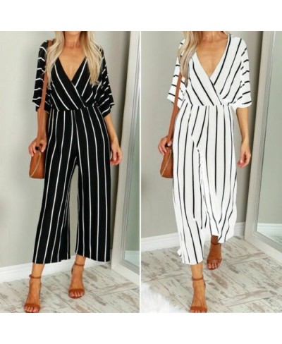 Striped Jumpsuit Women V Neck Playsuit Summer Holiday Clubwear Romper Loose Baggy Wide Leg Pants Party Trousers $30.86 - Jump...