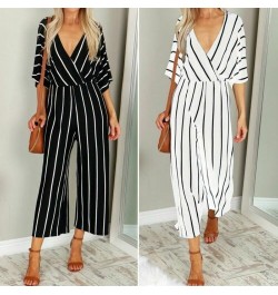 Striped Jumpsuit Women V Neck Playsuit Summer Holiday Clubwear Romper Loose Baggy Wide Leg Pants Party Trousers $30.86 - Jump...