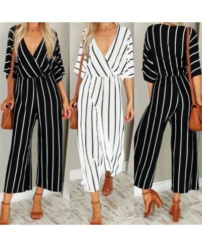 Striped Jumpsuit Women V Neck Playsuit Summer Holiday Clubwear Romper Loose Baggy Wide Leg Pants Party Trousers $30.86 - Jump...