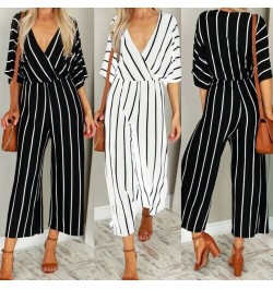 Striped Jumpsuit Women V Neck Playsuit Summer Holiday Clubwear Romper Loose Baggy Wide Leg Pants Party Trousers $30.86 - Jump...