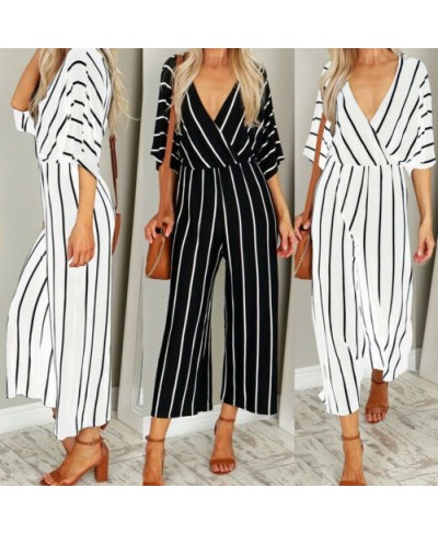 Striped Jumpsuit Women V Neck Playsuit Summer Holiday Clubwear Romper Loose Baggy Wide Leg Pants Party Trousers $30.86 - Jump...