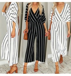 Striped Jumpsuit Women V Neck Playsuit Summer Holiday Clubwear Romper Loose Baggy Wide Leg Pants Party Trousers $30.86 - Jump...