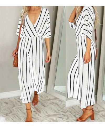 Striped Jumpsuit Women V Neck Playsuit Summer Holiday Clubwear Romper Loose Baggy Wide Leg Pants Party Trousers $30.86 - Jump...