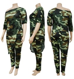 Plus Size Camo Print Fashion Two Pieces Set Long Sleeve Irregular Tees Top Pencil Pants Women Tracksuit Casual Streetwear $60...