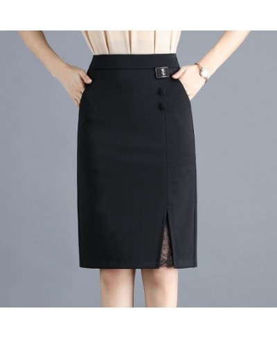 Women Soild Lace Split Pencil Skirt High Waist Fashion Knee Length Wrap Hip Skirt Pocket Zipper Office Lady Black Skirt $42.2...