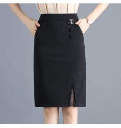 Women Soild Lace Split Pencil Skirt High Waist Fashion Knee Length Wrap Hip Skirt Pocket Zipper Office Lady Black Skirt $42.2...