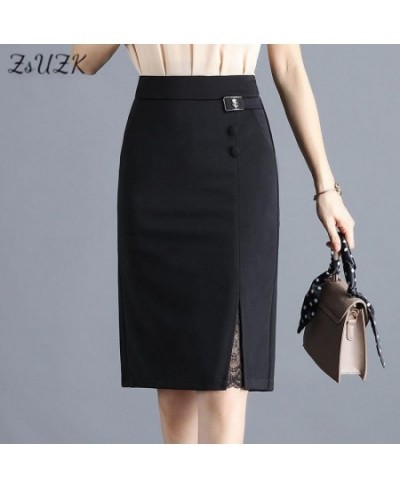 Women Soild Lace Split Pencil Skirt High Waist Fashion Knee Length Wrap Hip Skirt Pocket Zipper Office Lady Black Skirt $42.2...