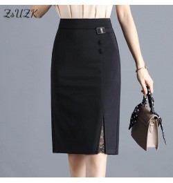 Women Soild Lace Split Pencil Skirt High Waist Fashion Knee Length Wrap Hip Skirt Pocket Zipper Office Lady Black Skirt $42.2...