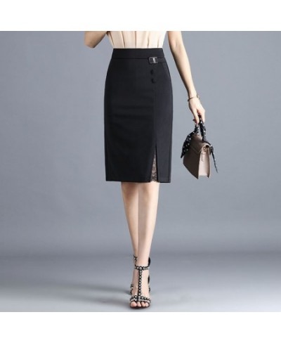 Women Soild Lace Split Pencil Skirt High Waist Fashion Knee Length Wrap Hip Skirt Pocket Zipper Office Lady Black Skirt $42.2...