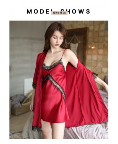 Summer Sling Gowns 2Pcs Suit with Chest Pads Women's Robe Set Thin Ice Silk Satin Sexy Nightgown Female Temptation Hot Home $...