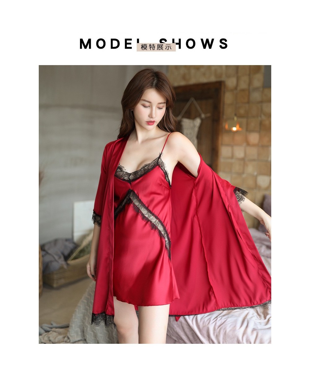 Summer Sling Gowns 2Pcs Suit with Chest Pads Women's Robe Set Thin Ice Silk Satin Sexy Nightgown Female Temptation Hot Home $...