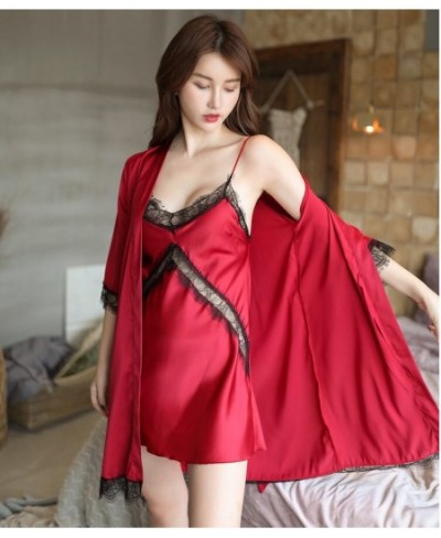 Summer Sling Gowns 2Pcs Suit with Chest Pads Women's Robe Set Thin Ice Silk Satin Sexy Nightgown Female Temptation Hot Home $...