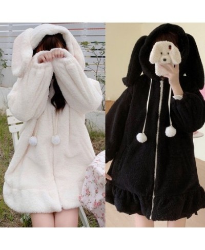 2023 Women Winter Long Sleeve Fuzzy Hooded Jacket Harajuku Kawaii Bunny Ears Zip Up Cardigan Coat Plush Warm Ruffles Outwear ...