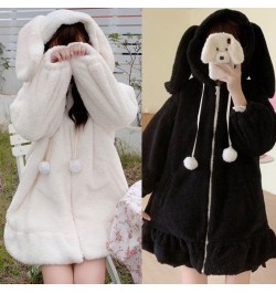 2023 Women Winter Long Sleeve Fuzzy Hooded Jacket Harajuku Kawaii Bunny Ears Zip Up Cardigan Coat Plush Warm Ruffles Outwear ...