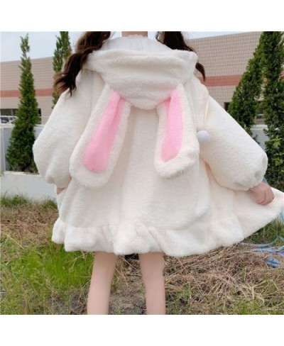 2023 Women Winter Long Sleeve Fuzzy Hooded Jacket Harajuku Kawaii Bunny Ears Zip Up Cardigan Coat Plush Warm Ruffles Outwear ...