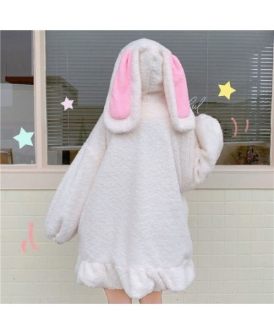 2023 Women Winter Long Sleeve Fuzzy Hooded Jacket Harajuku Kawaii Bunny Ears Zip Up Cardigan Coat Plush Warm Ruffles Outwear ...