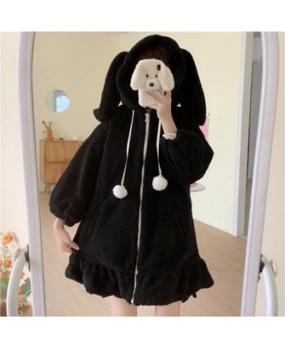 2023 Women Winter Long Sleeve Fuzzy Hooded Jacket Harajuku Kawaii Bunny Ears Zip Up Cardigan Coat Plush Warm Ruffles Outwear ...