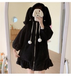 2023 Women Winter Long Sleeve Fuzzy Hooded Jacket Harajuku Kawaii Bunny Ears Zip Up Cardigan Coat Plush Warm Ruffles Outwear ...