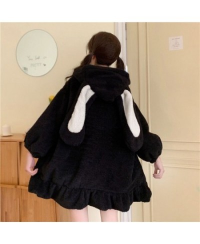 2023 Women Winter Long Sleeve Fuzzy Hooded Jacket Harajuku Kawaii Bunny Ears Zip Up Cardigan Coat Plush Warm Ruffles Outwear ...