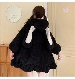 2023 Women Winter Long Sleeve Fuzzy Hooded Jacket Harajuku Kawaii Bunny Ears Zip Up Cardigan Coat Plush Warm Ruffles Outwear ...