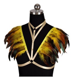 Feather Body Harness Epaulettes Bra Sexy Lingerie Goth Bondage Shoulder Wings Festival Cosplay Dance Rave Wear Hollow Out Col...