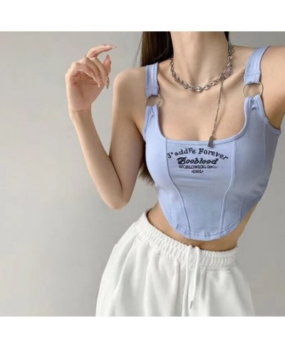 Women's t-shirt Y2k Tops Letter Print Short Tank Top Irregular Crop Top Buckle Vest Boob Tube Top Embroidery Suspenders With ...