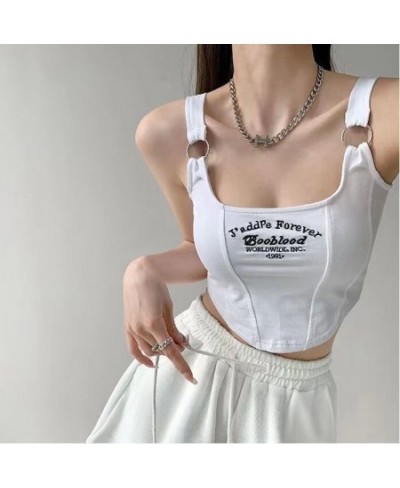 Women's t-shirt Y2k Tops Letter Print Short Tank Top Irregular Crop Top Buckle Vest Boob Tube Top Embroidery Suspenders With ...