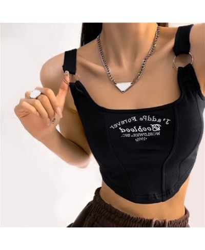 Women's t-shirt Y2k Tops Letter Print Short Tank Top Irregular Crop Top Buckle Vest Boob Tube Top Embroidery Suspenders With ...