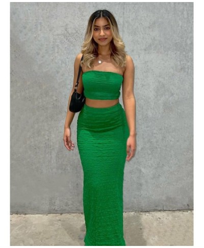 Summer Sexy Green Two Piece Set Women Casual Off The Shoulder Vest + Slim Maxi Skirts Matching Sets Women Solid Ladies $31.52...