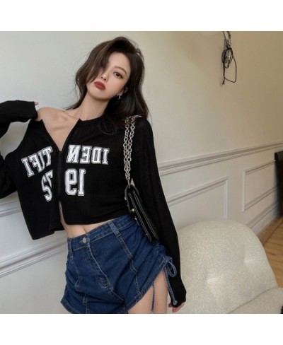 Y2k Grunge Tops Letter Printed Woment-shirt Loose Stretch Long Sleeve Zippper Crop Tops Streetwear Casual Jumpers 2022 $25.23...