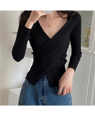 Autumn Winter Women Ladies Rib-Knit Stretchable V Neck Crisscross Wrap Sweater Pull Slim Sexy Knitted Pullovers Y2k Jumper To...
