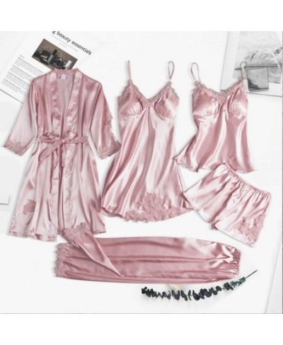 Pajama Set Women Lace Trim Satin Sleepwear Pyjamas Pour Femme Summer Nightwear With Pants Casual Home Wear Kimono Robe Gown $...