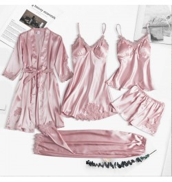 Pajama Set Women Lace Trim Satin Sleepwear Pyjamas Pour Femme Summer Nightwear With Pants Casual Home Wear Kimono Robe Gown $...