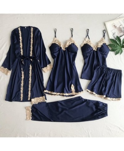 Pajama Set Women Lace Trim Satin Sleepwear Pyjamas Pour Femme Summer Nightwear With Pants Casual Home Wear Kimono Robe Gown $...