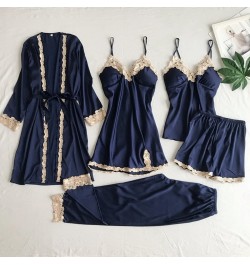 Pajama Set Women Lace Trim Satin Sleepwear Pyjamas Pour Femme Summer Nightwear With Pants Casual Home Wear Kimono Robe Gown $...