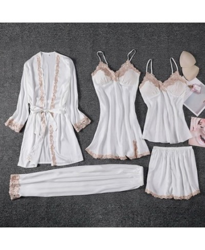 Pajama Set Women Lace Trim Satin Sleepwear Pyjamas Pour Femme Summer Nightwear With Pants Casual Home Wear Kimono Robe Gown $...